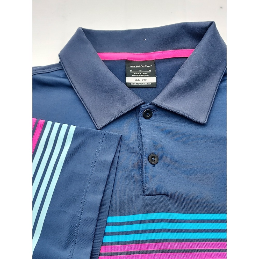 Nike Golf Men Dri-FIT Polo Shirt Navy Blue Pink Teal Striped Size M Short Sleeve